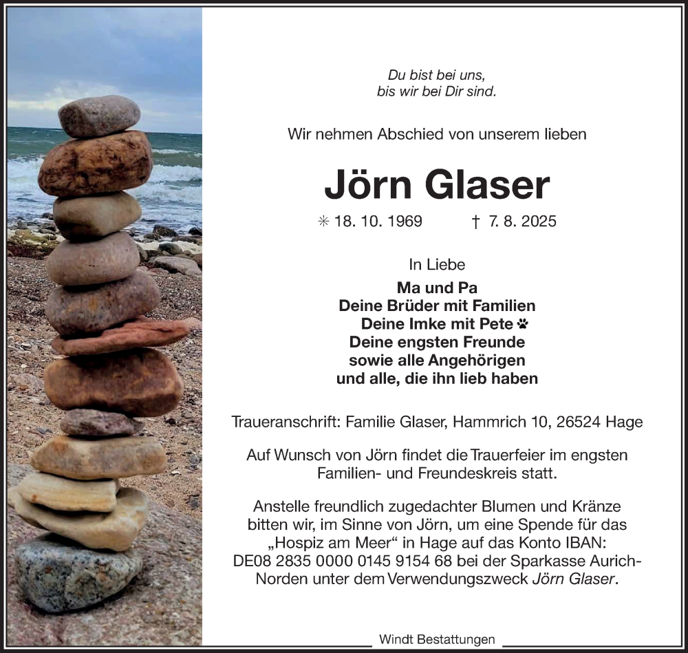  Traueranzeige für Jörn Glaser vom 09.08.2025 aus Ostfriesischer Kurier GmbH