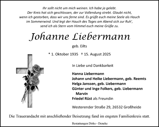 Traueranzeige von Johanne Liebermann von Ostfriesischer Kurier GmbH