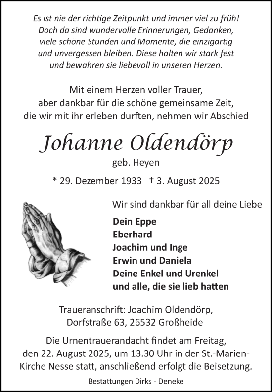 Traueranzeige von Johanne Oldendörp von Ostfriesischer Kurier GmbH