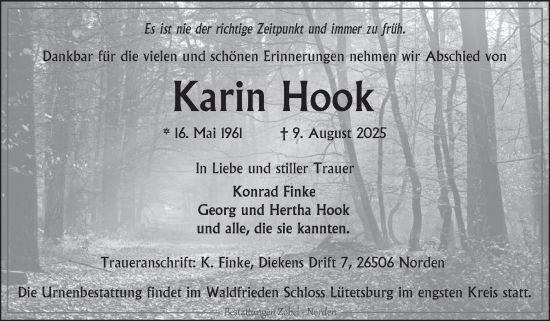 Traueranzeige von Karin Hook von Ostfriesischer Kurier GmbH