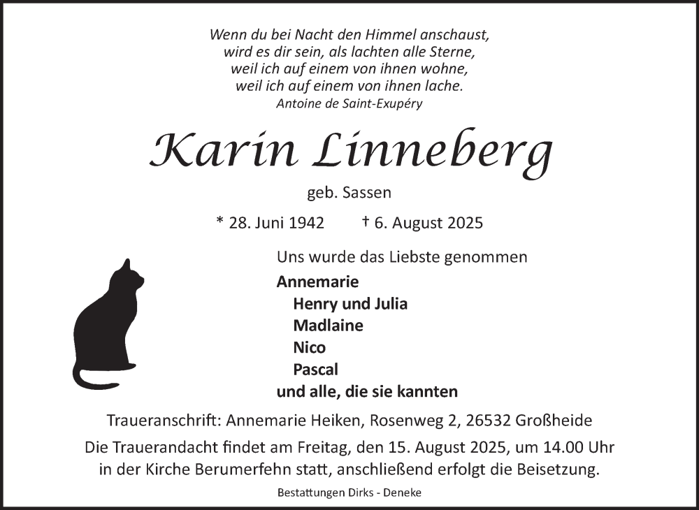  Traueranzeige für Karin Linneberg vom 09.08.2025 aus Ostfriesischer Kurier GmbH
