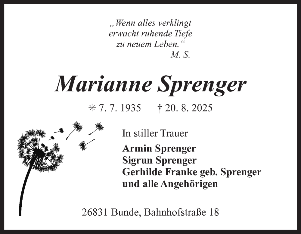  Traueranzeige für Marianne Sprenger vom 23.08.2025 aus Ostfriesischer Kurier GmbH