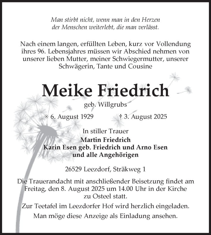  Traueranzeige für Meike Friedrich vom 05.08.2025 aus Ostfriesischer Kurier GmbH