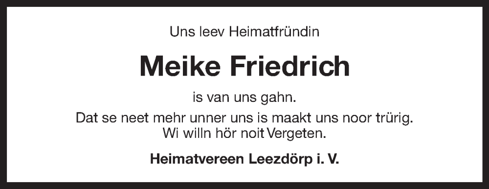  Traueranzeige für Meike Friedrich vom 07.08.2025 aus Ostfriesischer Kurier GmbH