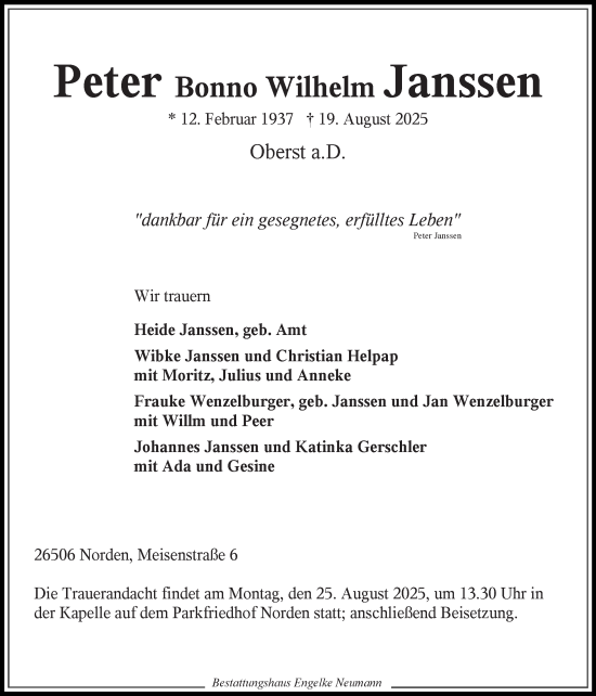 Traueranzeige von Peter Janssen von Ostfriesischer Kurier GmbH
