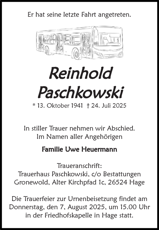 Traueranzeige von Reinhold Paschkowski von Ostfriesischer Kurier GmbH
