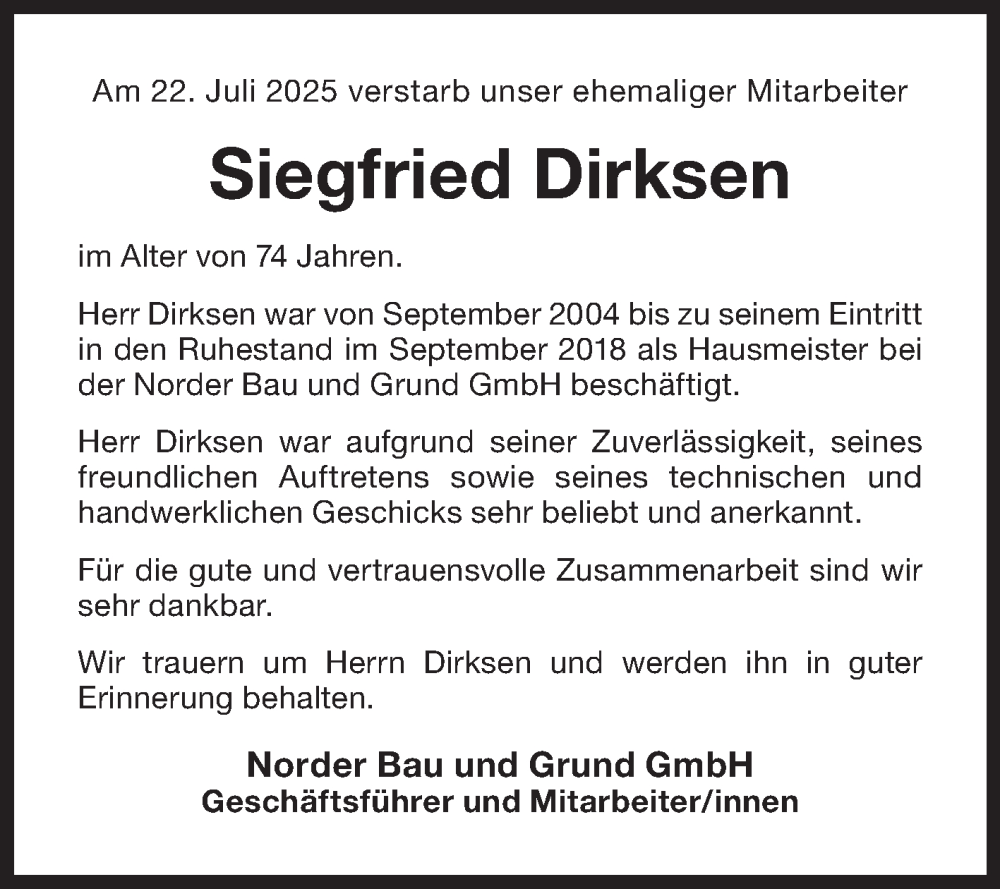  Traueranzeige für Siegfried Dirksen vom 05.08.2025 aus Ostfriesischer Kurier GmbH
