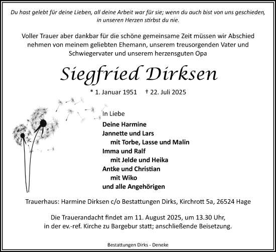 Traueranzeige von Siegfried Dirksen von Ostfriesischer Kurier GmbH