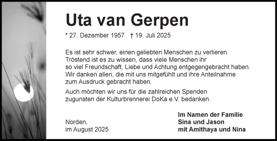 Traueranzeige von Uta van Gerpen von Ostfriesischer Kurier GmbH