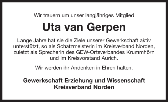Traueranzeige von Uta van Gerpen von Ostfriesischer Kurier GmbH
