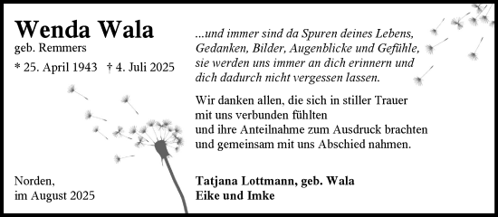 Traueranzeige von Wenda Wala von Ostfriesischer Kurier GmbH