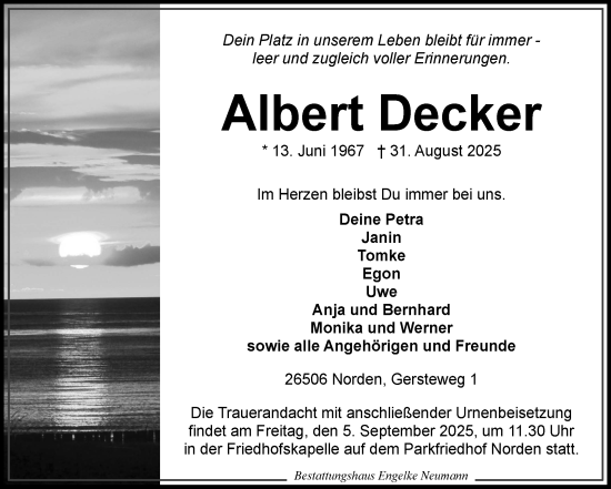 Traueranzeige von Albert Decker von Ostfriesischer Kurier GmbH