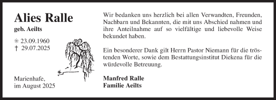 Traueranzeige von Alies Ralle von Ostfriesischer Kurier GmbH