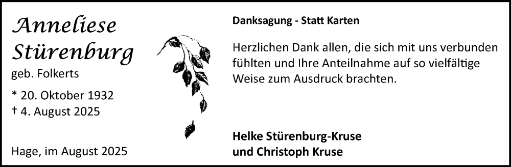  Traueranzeige für Anneliese Stürenburg vom 30.08.2025 aus Ostfriesischer Kurier GmbH