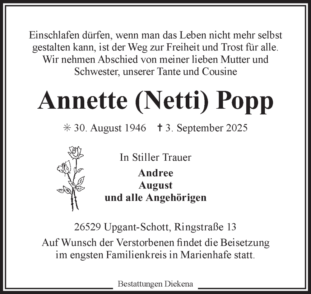 Traueranzeige für Annette (Netti) Popp vom 05.09.2025 aus Ostfriesischer Kurier GmbH