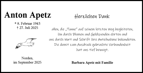 Traueranzeige von Anton Apetz von Ostfriesischer Kurier GmbH