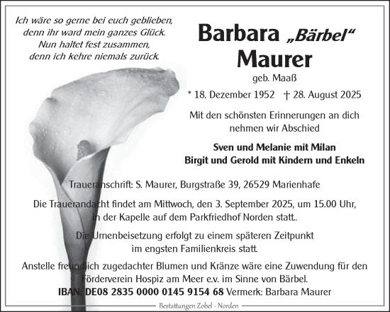 Traueranzeige von Barbara Maurer von Ostfriesischer Kurier GmbH