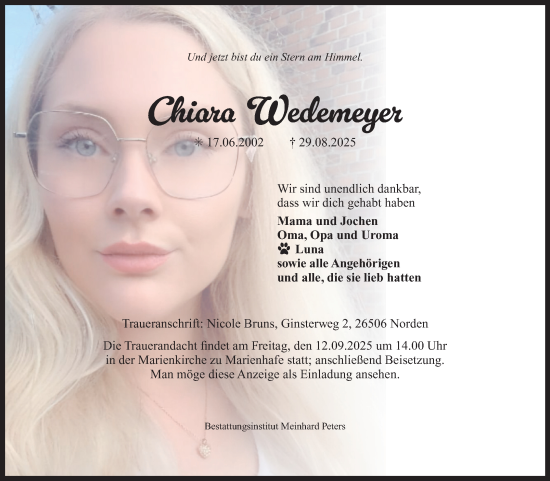 Traueranzeige von Chiara Wedemeyer von Ostfriesischer Kurier GmbH