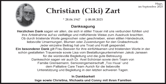 Traueranzeige von Christian Zart von Ostfriesischer Kurier GmbH