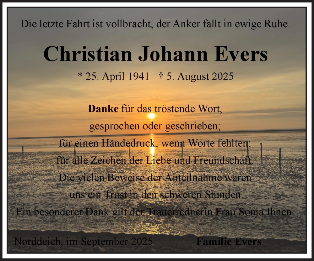  Traueranzeige für Christian Johann Evers vom 06.09.2025 aus Ostfriesischer Kurier GmbH