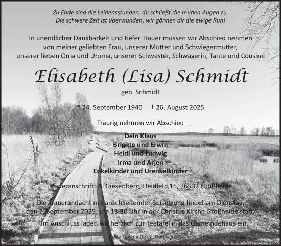 Traueranzeige von Elisabeth Schmidt von Ostfriesischer Kurier GmbH