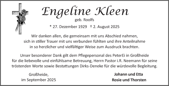 Traueranzeige von Engeline Kleen von Ostfriesischer Kurier GmbH