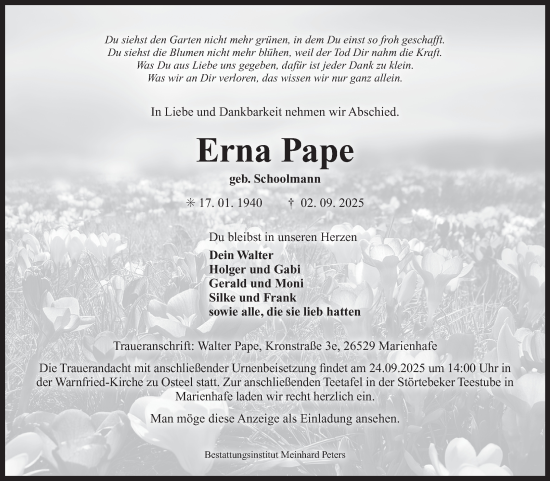 Traueranzeige von Erna Pape von Ostfriesischer Kurier GmbH
