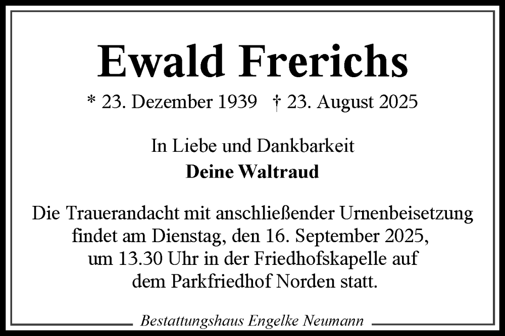  Traueranzeige für Ewald Frerichs vom 13.09.2025 aus Ostfriesischer Kurier GmbH