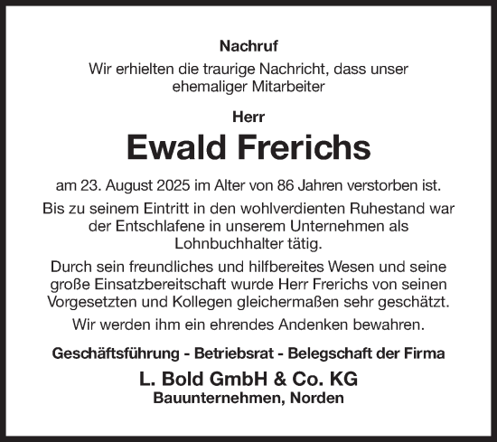 Traueranzeige von Ewald Frerichs von Ostfriesischer Kurier GmbH