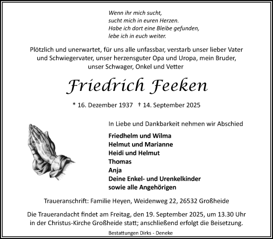 Traueranzeige von Friedrich Feeken von Ostfriesischer Kurier GmbH