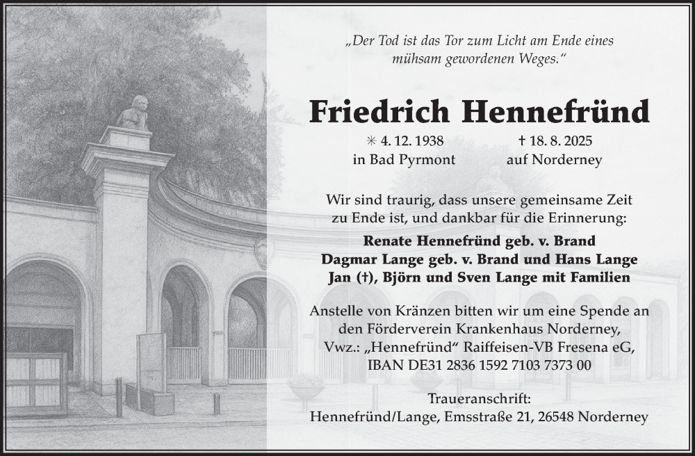  Traueranzeige für Friedrich Hennefründ vom 30.08.2025 aus Ostfriesischer Kurier GmbH