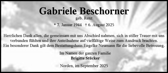 Traueranzeige von Gabriele Beschorner von Ostfriesischer Kurier GmbH