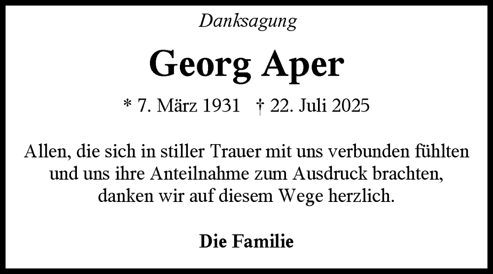  Traueranzeige für Georg Aper vom 30.08.2025 aus Ostfriesischer Kurier GmbH