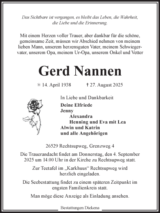 Traueranzeige von Gerd Nannen von Ostfriesischer Kurier GmbH