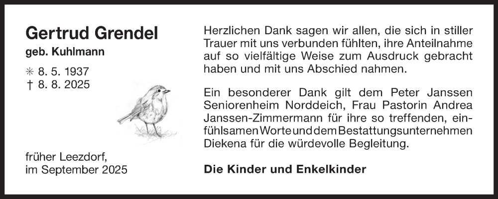  Traueranzeige für Gertrud Grendel vom 20.09.2025 aus Ostfriesischer Kurier GmbH