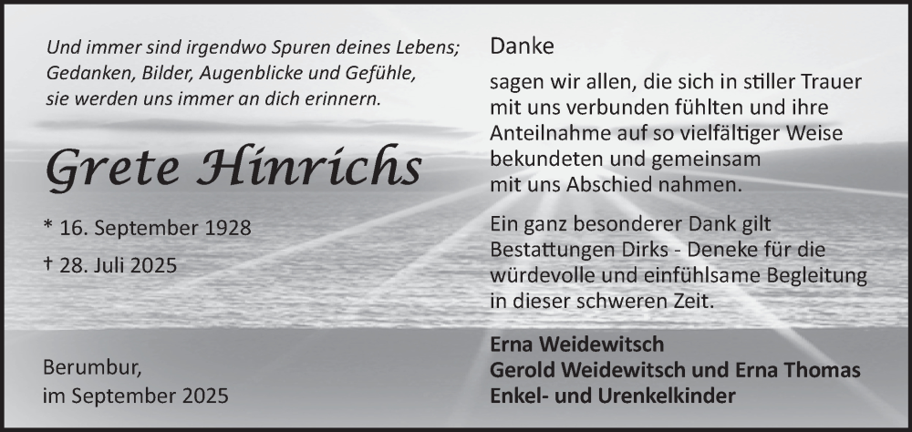  Traueranzeige für Grete Hinrichs vom 20.09.2025 aus Ostfriesischer Kurier GmbH