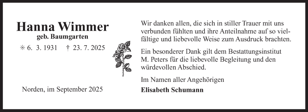  Traueranzeige für Hanna Wimmer vom 06.09.2025 aus Ostfriesischer Kurier GmbH