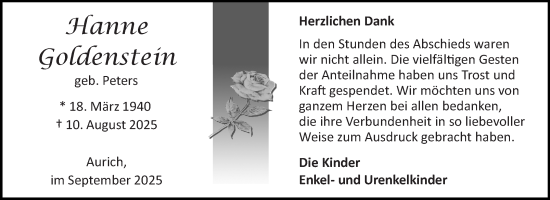 Traueranzeige von Hanne Goldenstein von Ostfriesischer Kurier GmbH