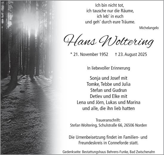 Traueranzeige von Hans Woltering von Ostfriesischer Kurier GmbH