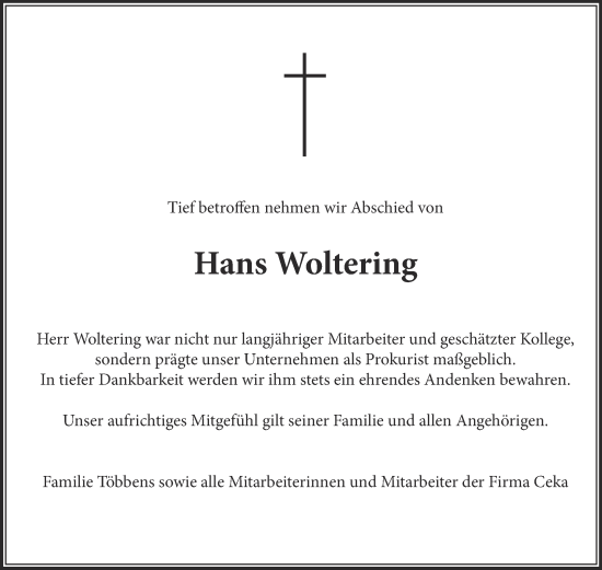 Traueranzeige von Hans Woltering von Ostfriesischer Kurier GmbH