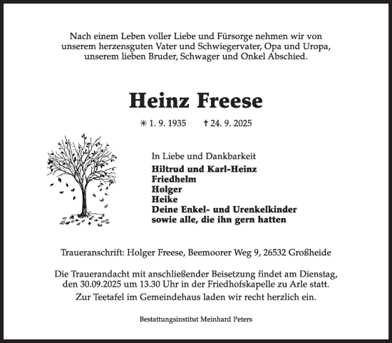 Traueranzeige von Heinz Freese von Ostfriesischer Kurier GmbH