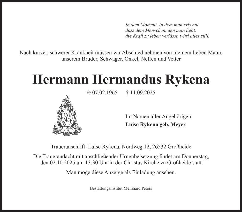  Traueranzeige für Hermann  Rykena vom 27.09.2025 aus Ostfriesischer Kurier GmbH