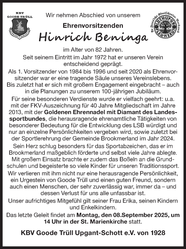  Traueranzeige für Hinrich Beninga vom 06.09.2025 aus Ostfriesischer Kurier GmbH