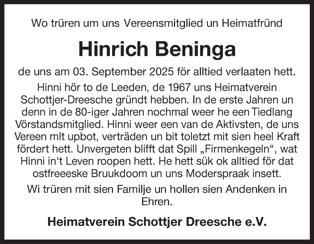  Traueranzeige für Hinrich Beninga vom 06.09.2025 aus Ostfriesischer Kurier GmbH