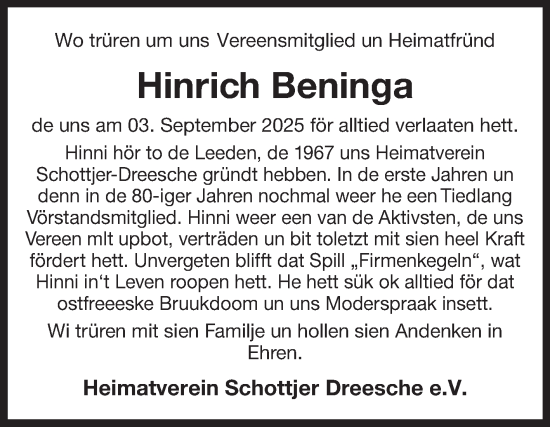 Traueranzeige von Hinrich Beninga von Ostfriesischer Kurier GmbH