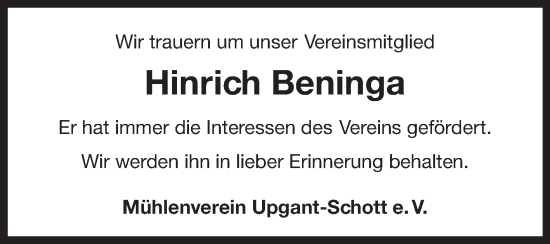 Traueranzeige von Hinrich Beninga von Ostfriesischer Kurier GmbH