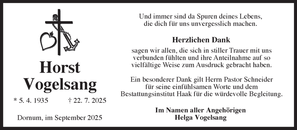  Traueranzeige für Horst Vogelsang vom 06.09.2025 aus Ostfriesischer Kurier GmbH