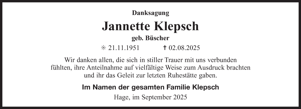  Traueranzeige für Jannette Klepsch vom 06.09.2025 aus Ostfriesischer Kurier GmbH