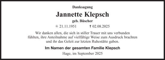 Traueranzeige von Jannette Klepsch von Ostfriesischer Kurier GmbH