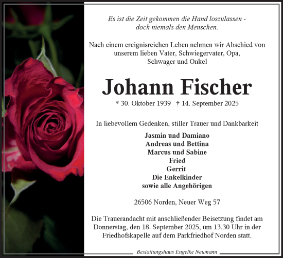 Traueranzeige von Johann Fischer von Ostfriesischer Kurier GmbH